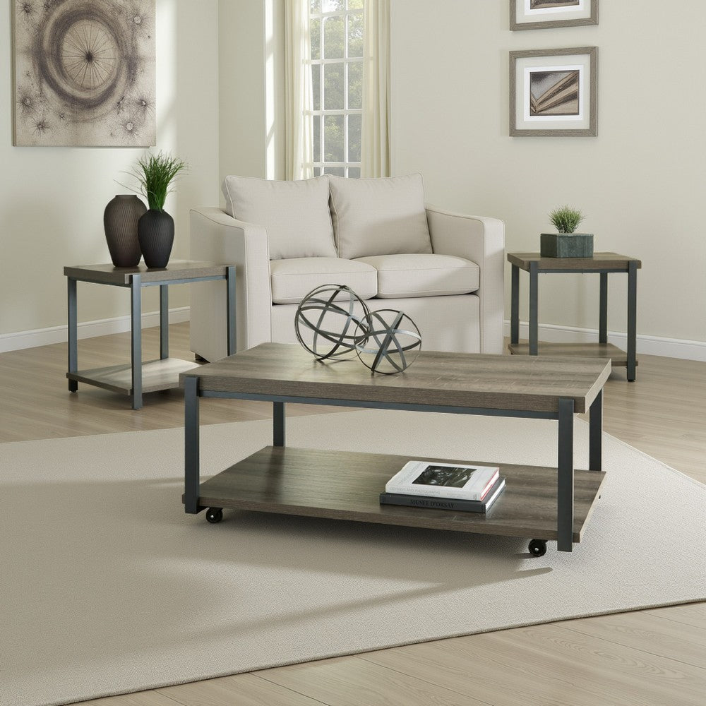 Ashley Jeni 3pc Coffee and End Table Set | Shelf | Wheels | Gray Black Metal