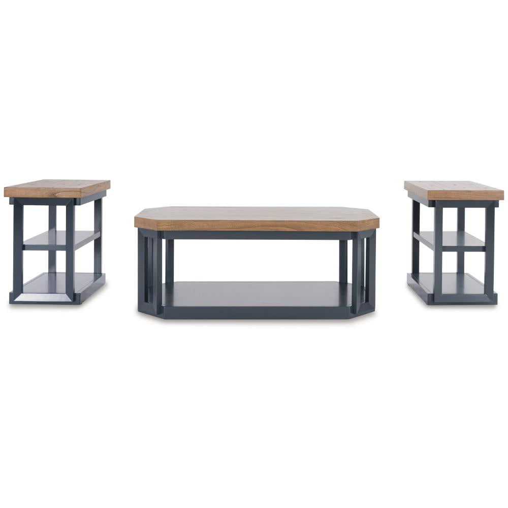 Ashley Docken 3pc Coffee n End Table Set | Shelf | Wheels | Dark Blue Slate