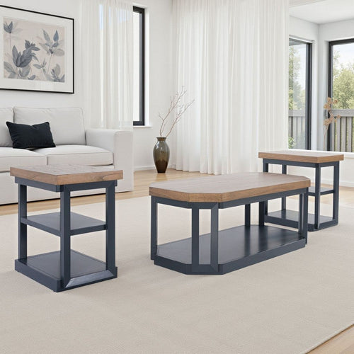 Ashley Docken 3pc Coffee n End Table Set | Shelf | Wheels | Dark Blue Slate