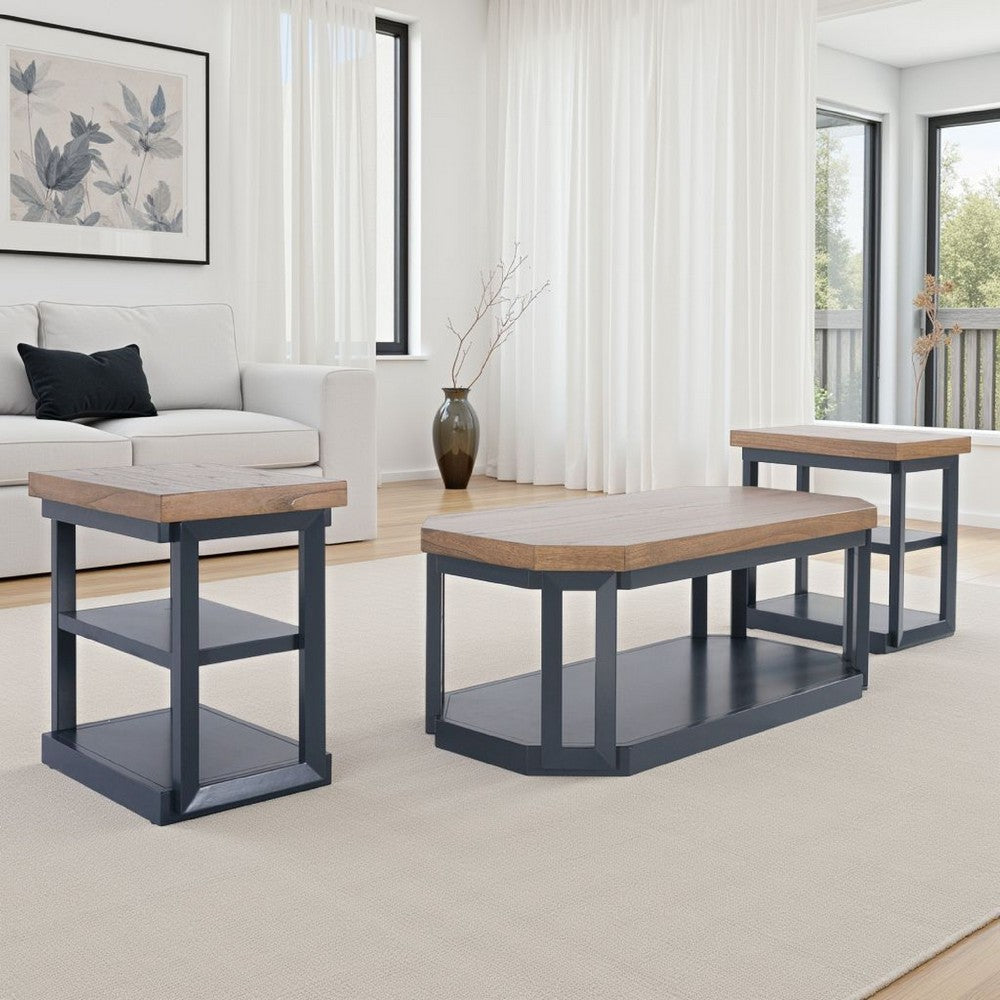 Ashley Docken 3pc Coffee n End Table Set | Shelf | Wheels | Dark Blue Slate