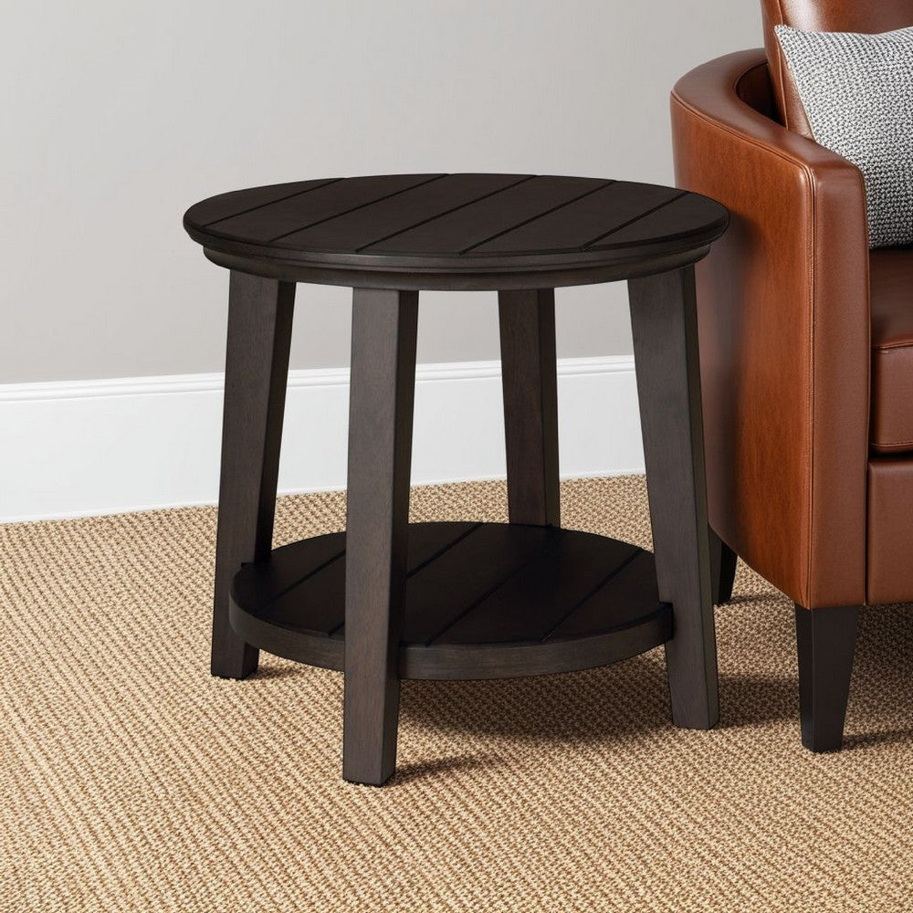 Ashley Liu Side End Table w Bottom Shelf | 26" Round Cherry Brown Plank Top