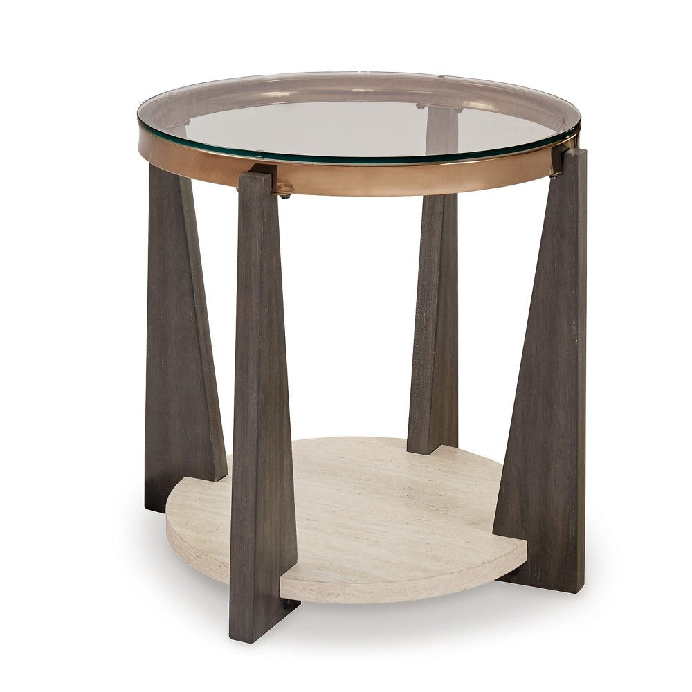 Ashley Miu Side End Table | 24" Round Glass Top w Shelf | Brown Angled Base