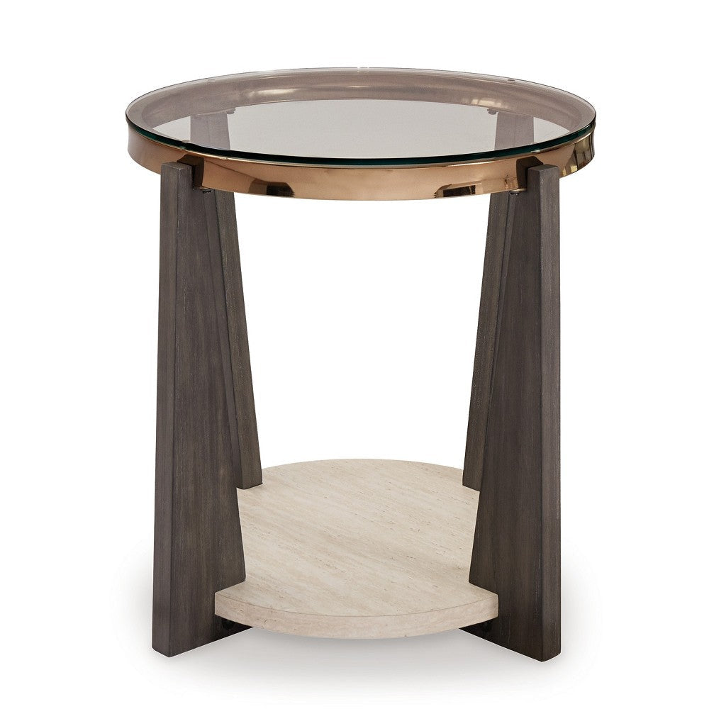 Ashley Miu Side End Table | 24’’ Round Glass Top w Shelf | Brown Angled Base BM327848