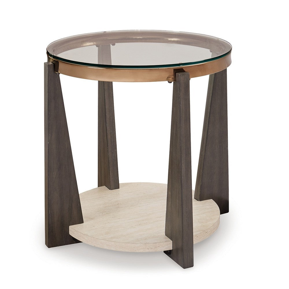 Ashley Miu Side End Table | 24’’ Round Glass Top w Shelf | Brown Angled Base BM327848