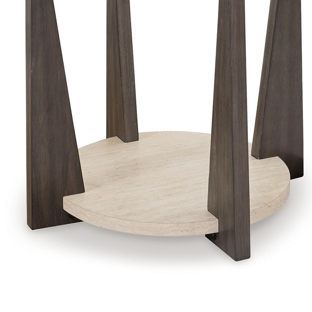 Ashley Miu Side End Table | 24’’ Round Glass Top w Shelf | Brown Angled Base BM327848