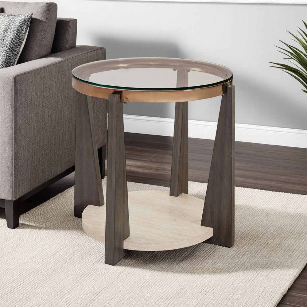 Ashley Miu Side End Table | 24" Round Glass Top w Shelf | Brown Angled Base