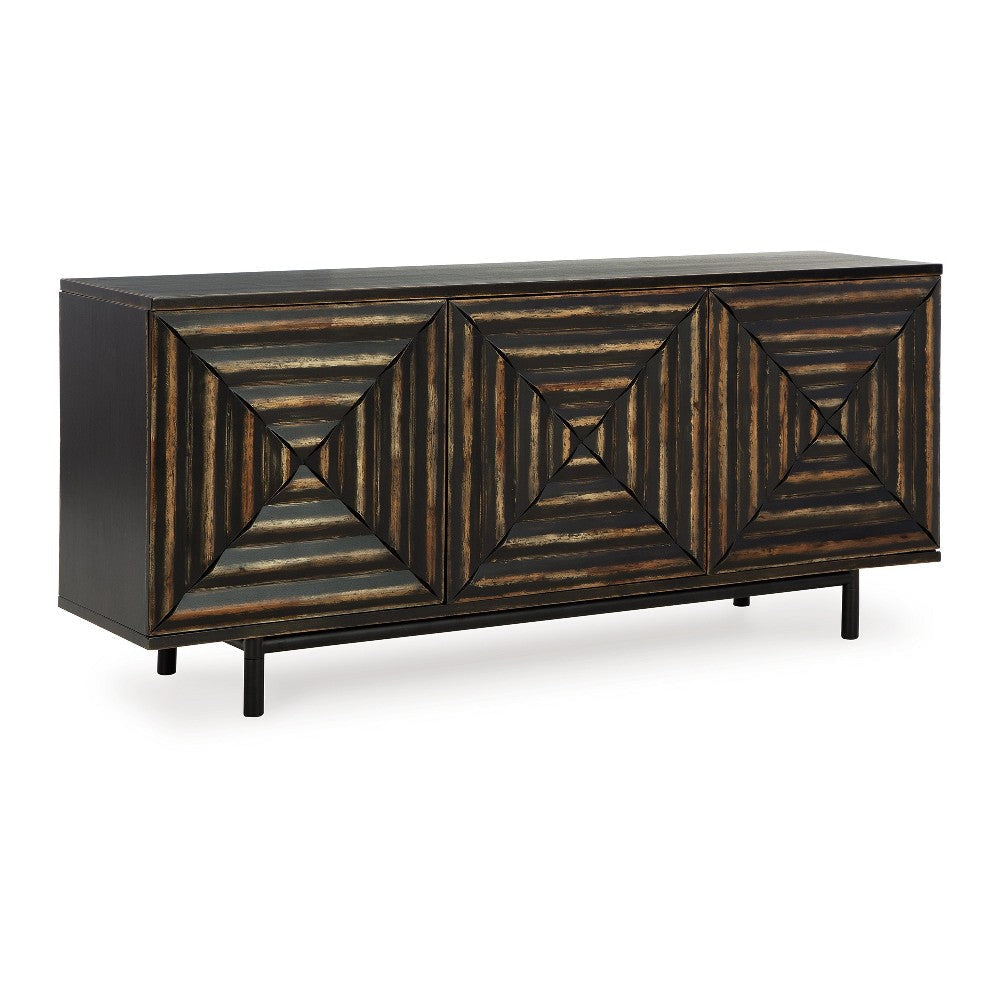 Ashley Sideboard Cabinet Console | 72" | 3 Wood w Geometric Inlay | Black