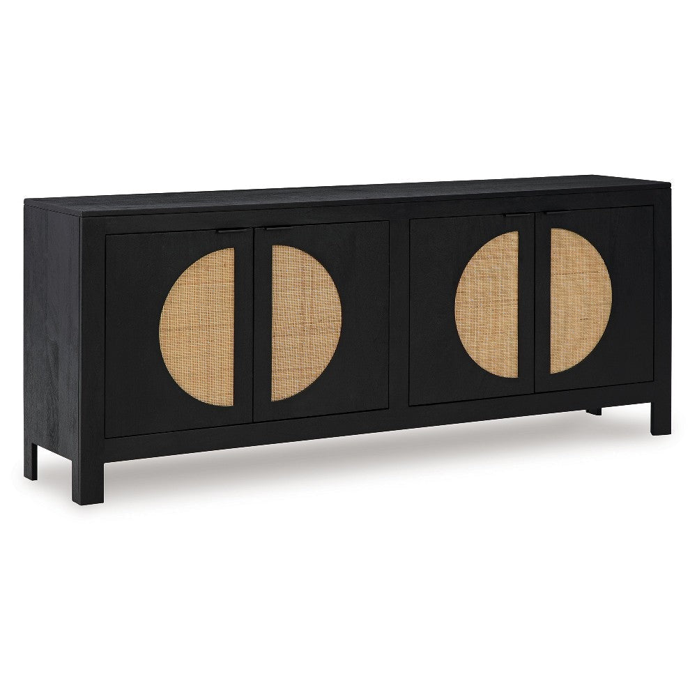 Ashley Sideboard Cabinet Console | 4 Doors Woven Cane | 70" Black and Brown