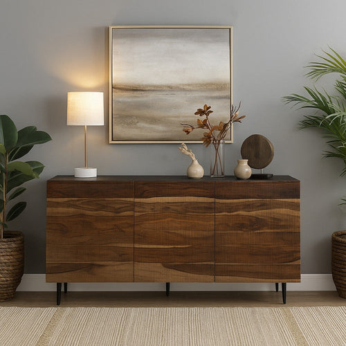 Ashley Sideboard Cabinet Console | 3 Grooved Brown Sheesham Wood 64"