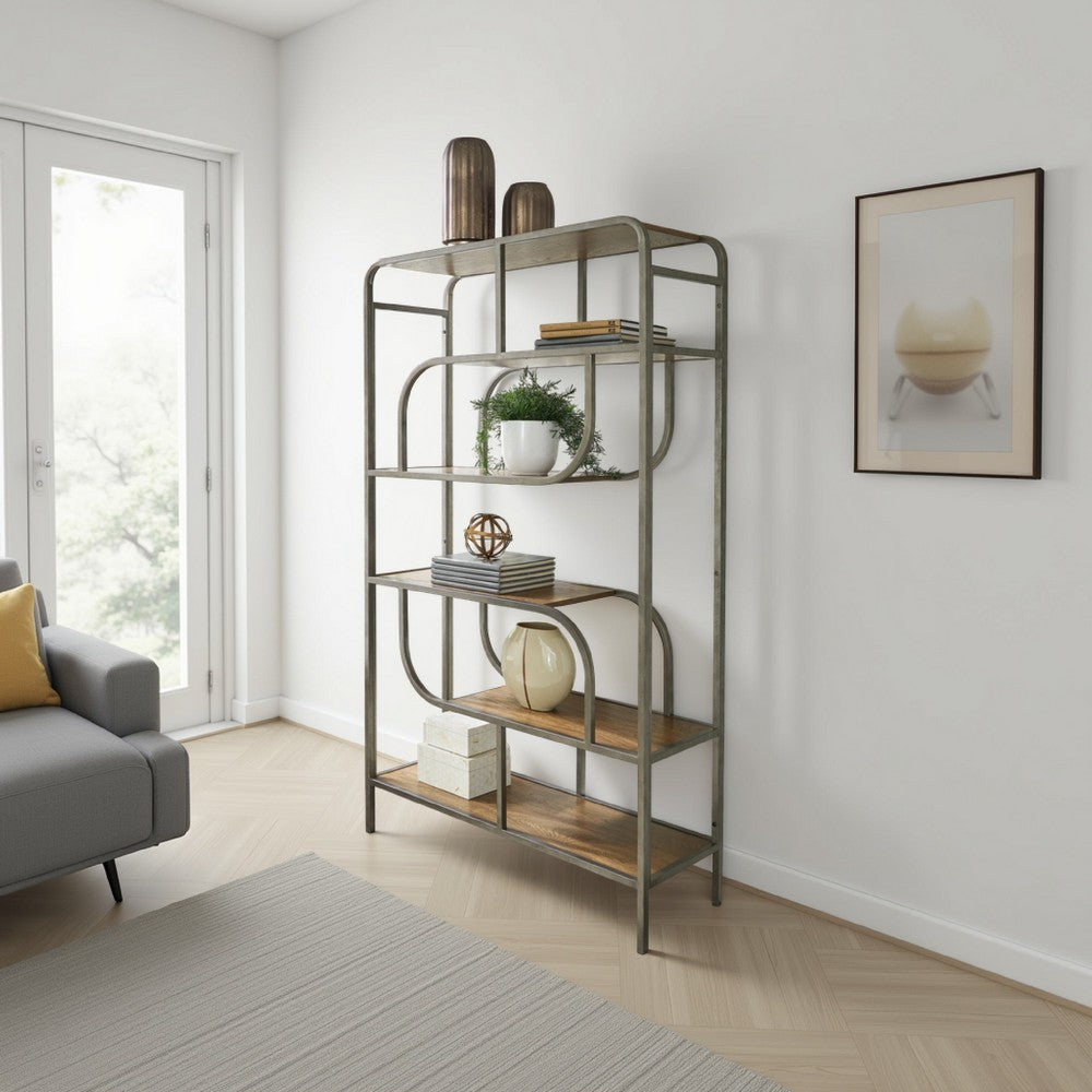 Ashley Bookcase | Modern Geometric Design | 70" | 5 Brown Veneer Shelves