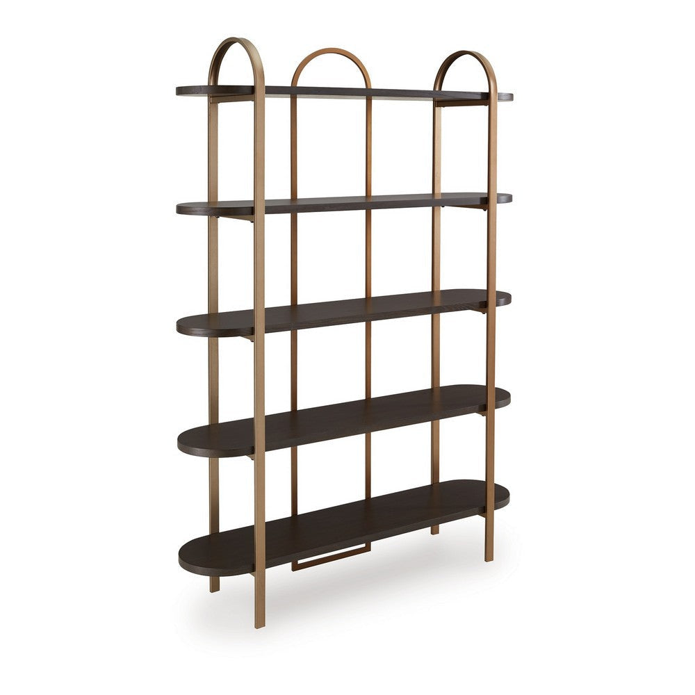 Ashley Bookcase | 5 Ash Veneer Storage Shelves | 72’’ | Retro Gold Metal Frame BM327878