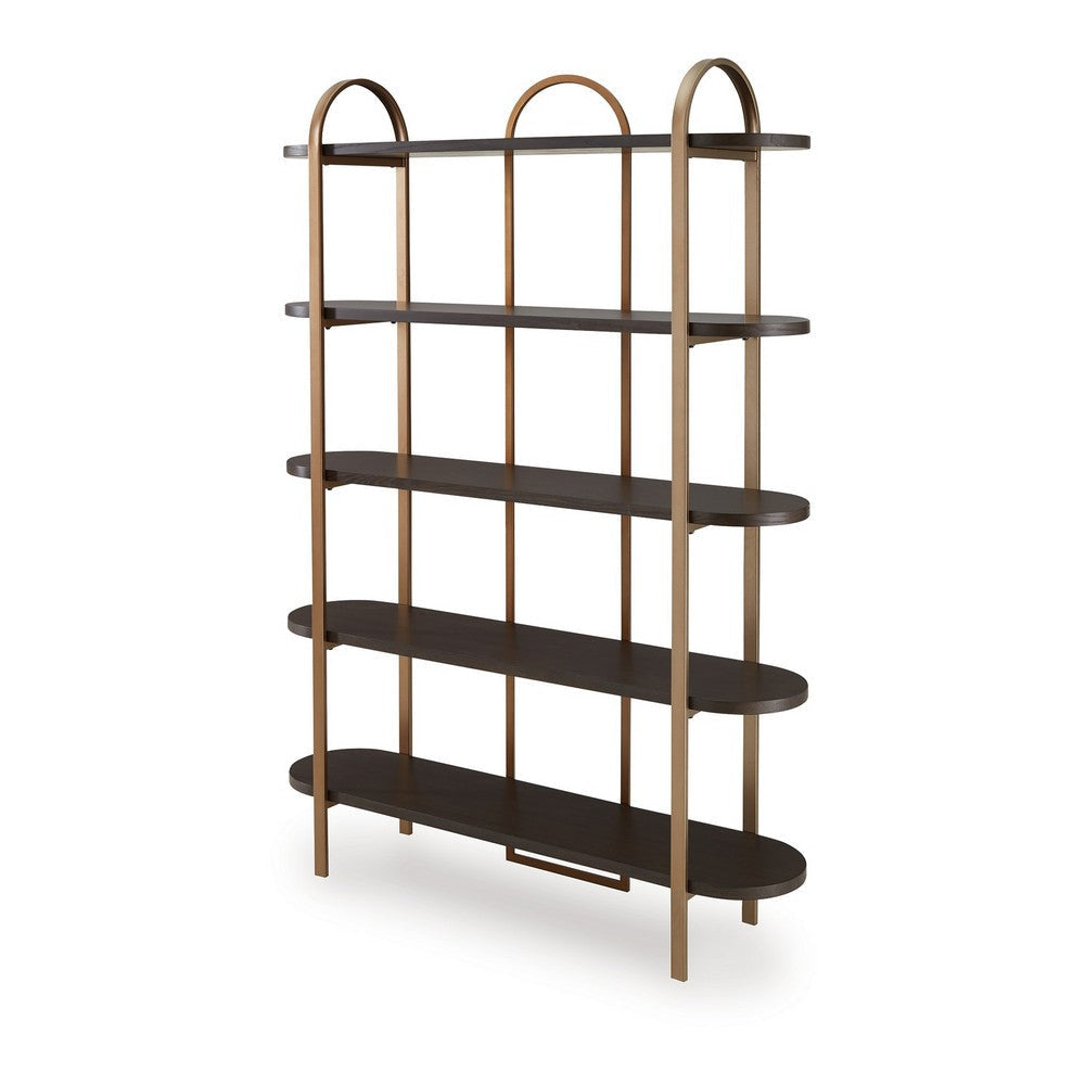 Ashley Bookcase | 5 Ash Veneer Storage Shelves | 72’’ | Retro Gold Metal Frame BM327878