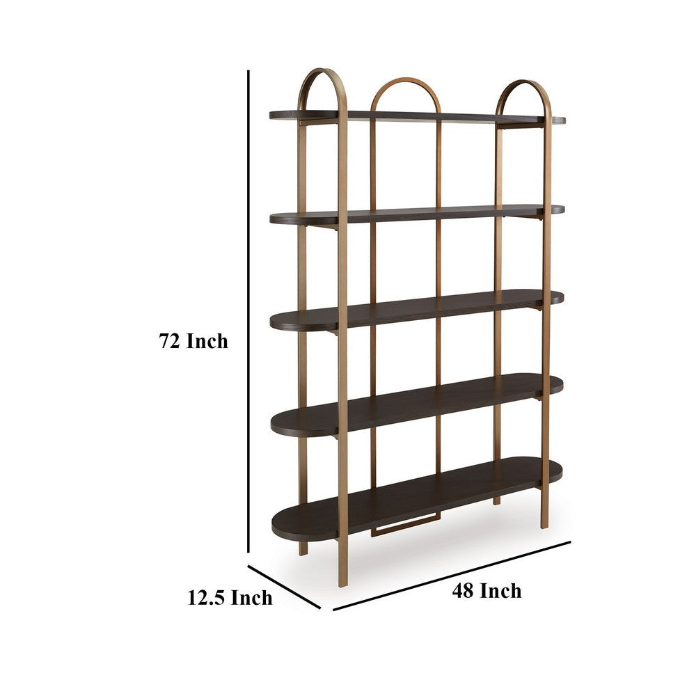 Ashley Bookcase | 5 Ash Veneer Storage Shelves | 72’’ | Retro Gold Metal Frame BM327878