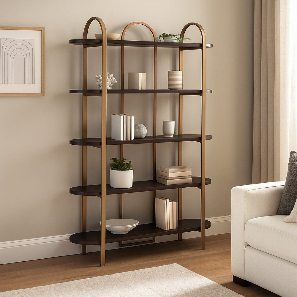 Ashley Bookcase | 5 Ash Veneer Storage Shelves | 72" | Retro Gold Metal Frame