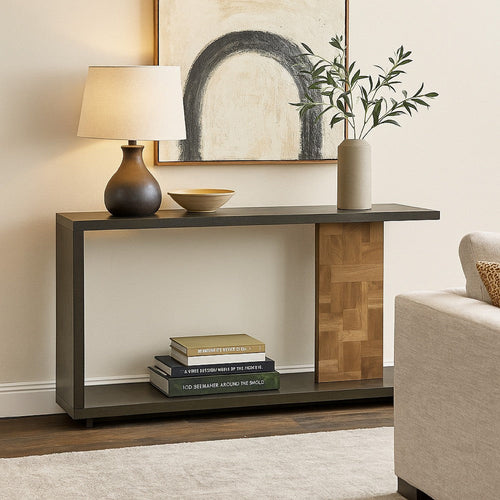 Ashley Console Sofa Table | Solid Wood C Shape w Shelf | Black Brown 58"