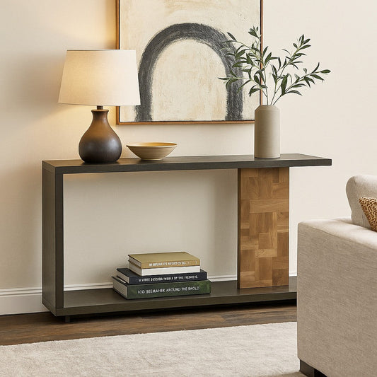 Ashley Console Sofa Table | Solid Wood C Shape w Shelf | Black Brown 58"