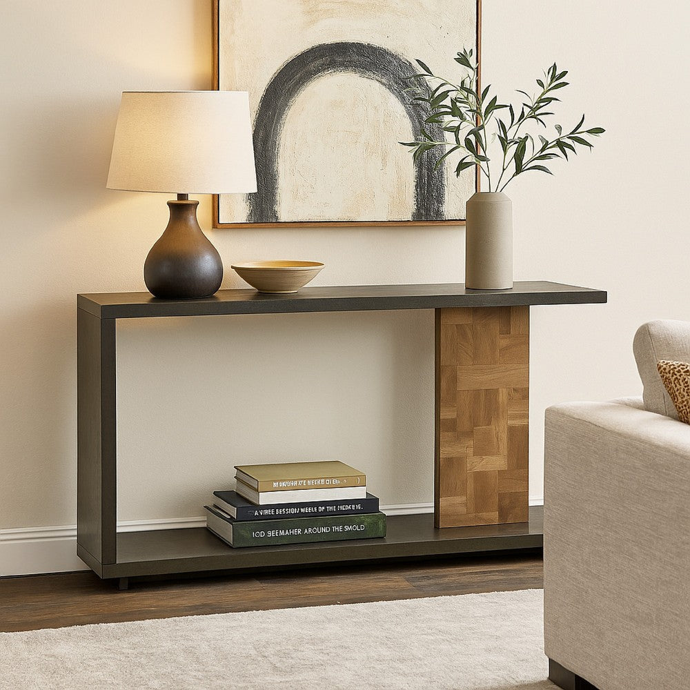 Ashley Console Sofa Table | Solid Wood C Shape w Shelf | Black Brown 58"