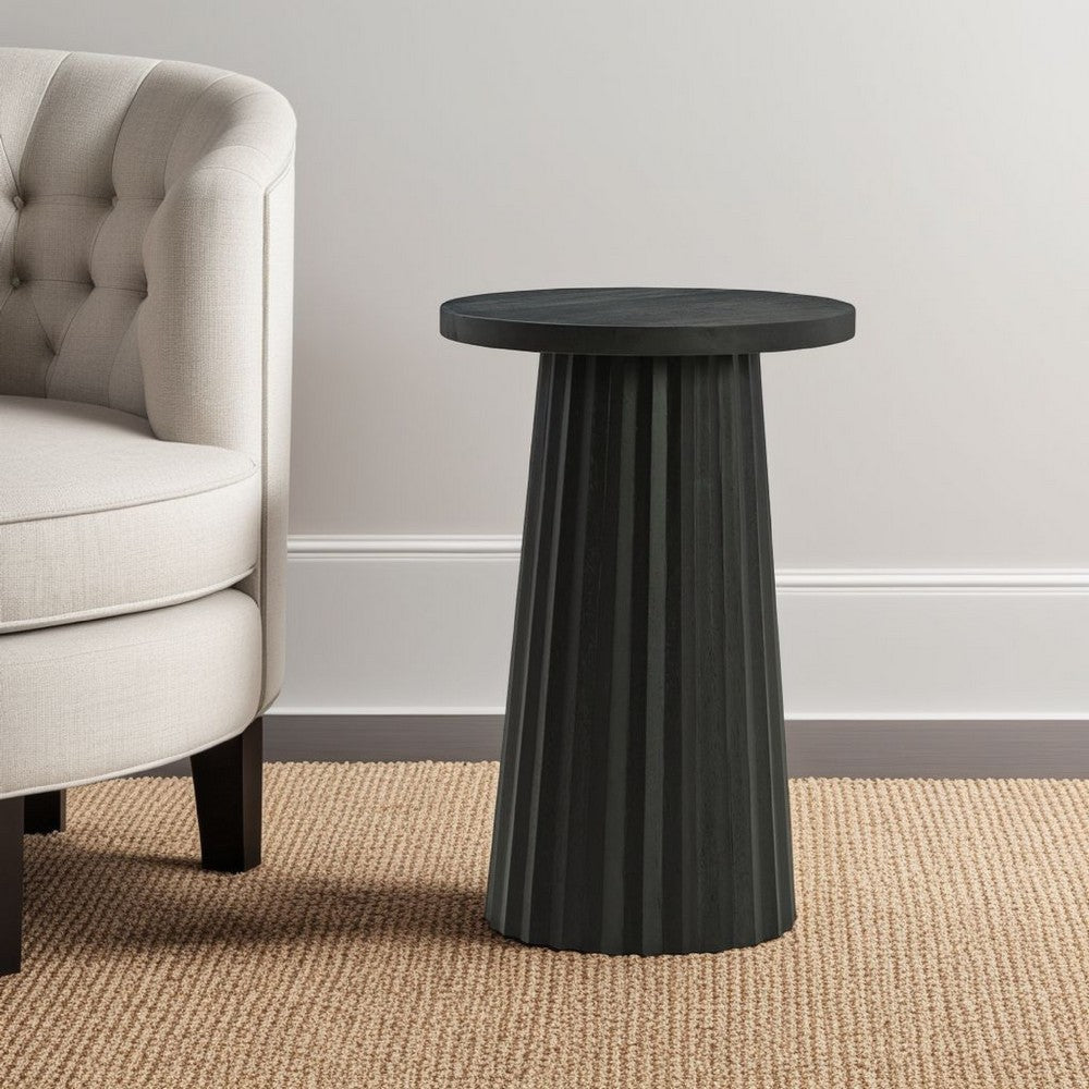 Ashley Ceil Accent Table | Round Fluted Classic Black Solid Wood Base | 14"