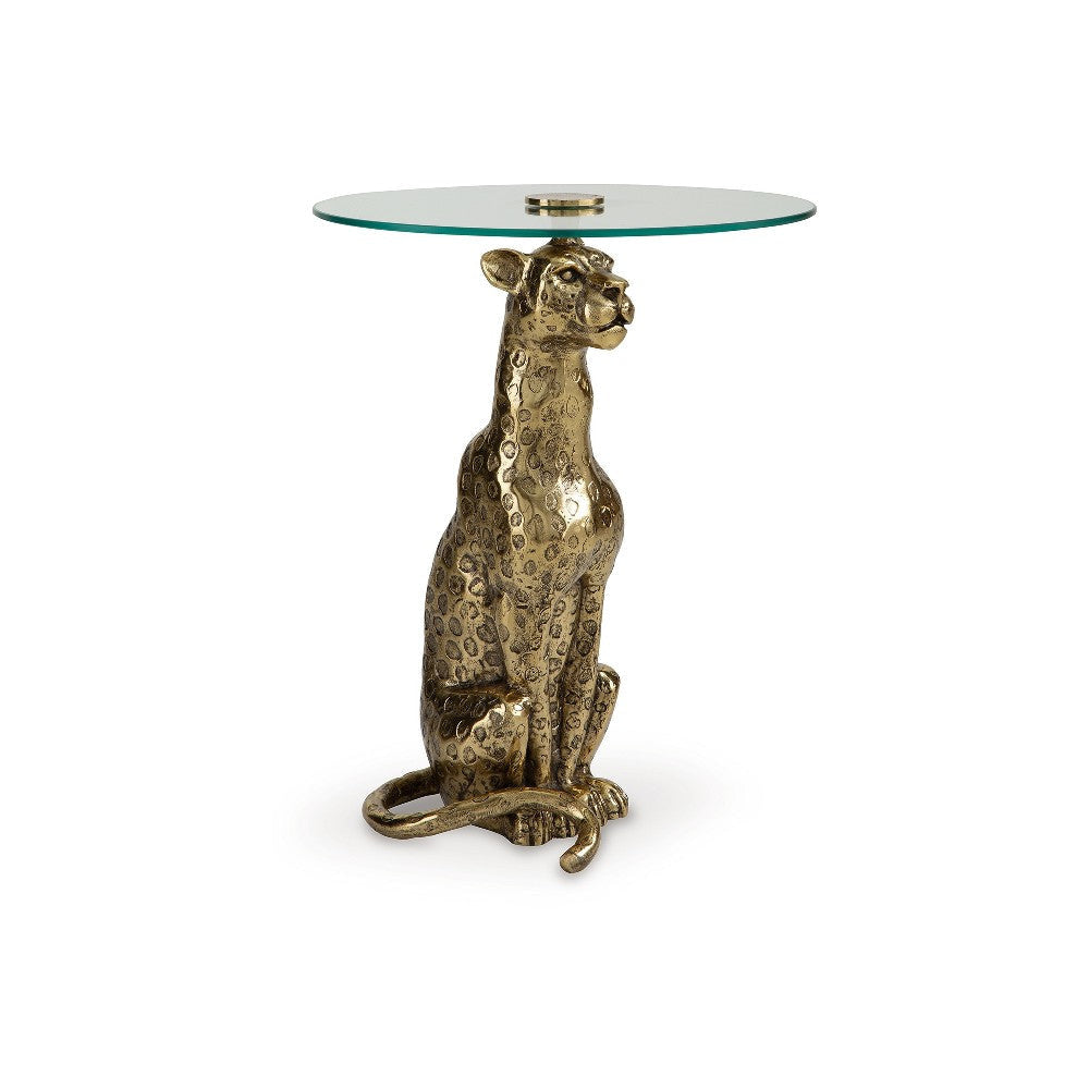 Ashley Accent Table | Gold Cast Metal Leopard Design | 18" Glass Round Top