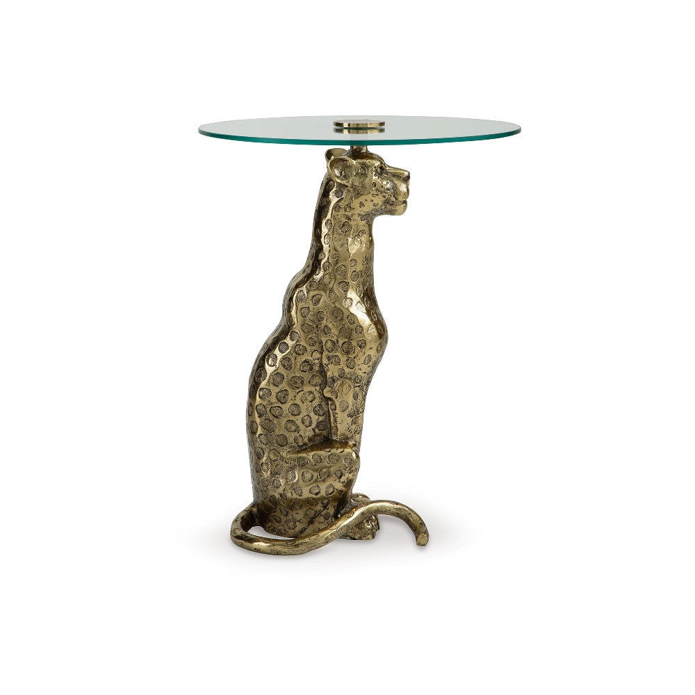 Ashley Accent Table | Gold Cast Metal Leopard Design | 18’’ Glass Round Top BM327888