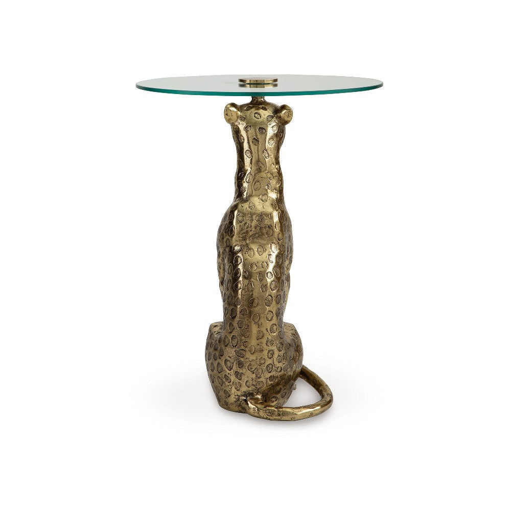 Ashley Accent Table | Gold Cast Metal Leopard Design | 18’’ Glass Round Top BM327888