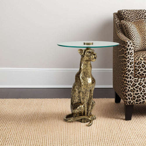 Ashley Accent Table | Gold Cast Metal Leopard Design | 18" Glass Round Top