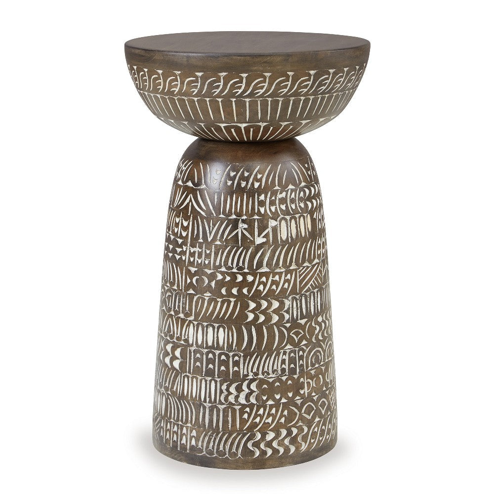 Ashley Accent Table | Faux Wood Classical Tribal Carved Design | Brown 14"