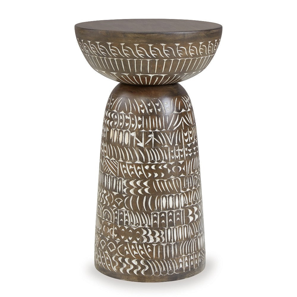 Ashley Accent Table | Faux Wood Classical Tribal Carved Design | Brown 14’’ BM327895