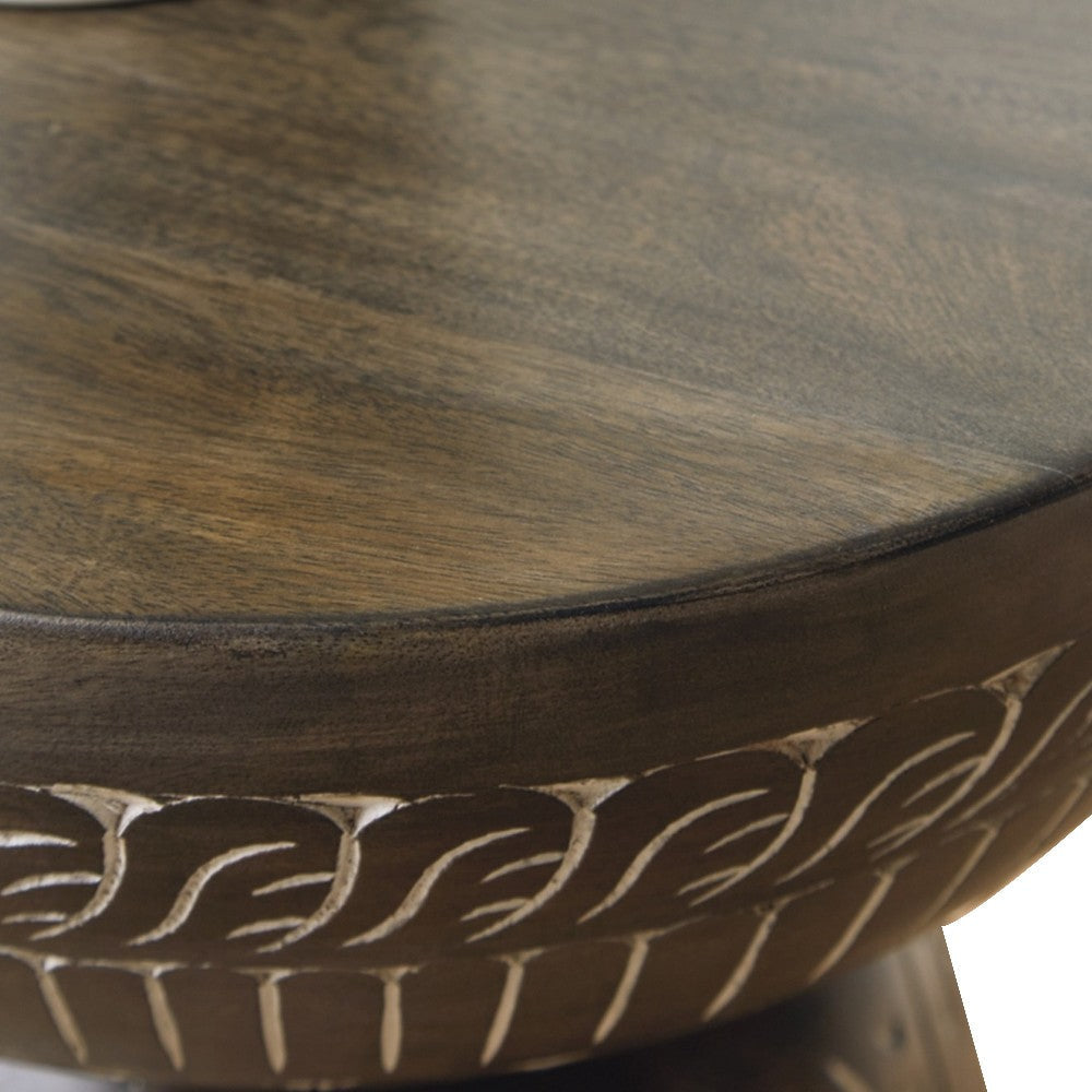 Ashley Accent Table | Faux Wood Classical Tribal Carved Design | Brown 14’’ BM327895