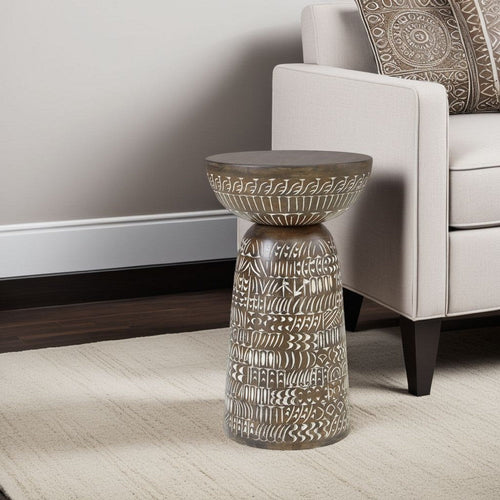 Ashley Accent Table | Faux Wood Classical Tribal Carved Design | Brown 14"