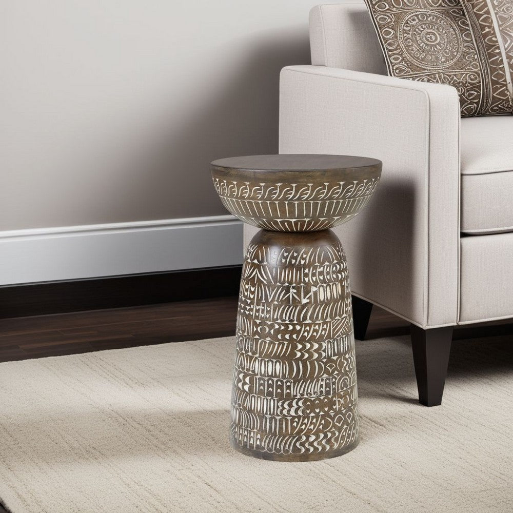 Ashley Accent Table | Faux Wood Classical Tribal Carved Design | Brown 14"