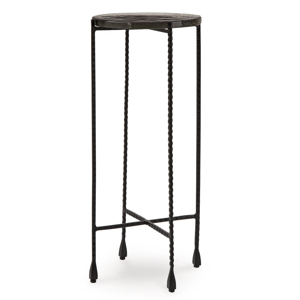 Ashley Accent Table | 11’’ Glass Top | Industrial Black Forged Metal Legs BM327898