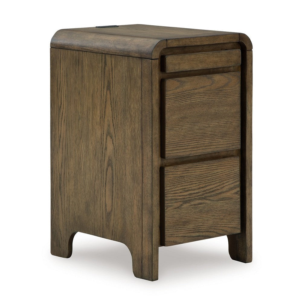 Ashley Accent Table | USB Charging Ports | 17" Warm Oak Brown Wood Veneer