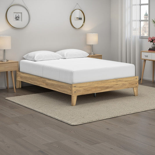Ashley Maci Queen Platform Bed | Natural Light Brown Wood | Low Profile Legs
