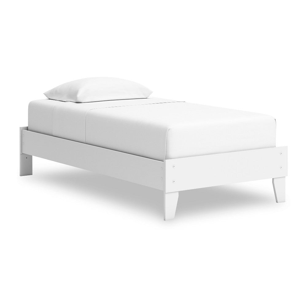 Ashley Kally Twin Platform Bed | Matte White Wood | Low Profile Tapered Legs