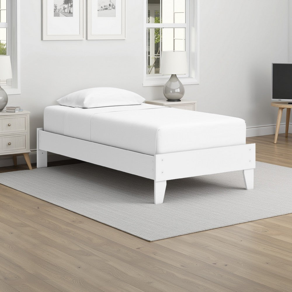 Ashley Kally Twin Platform Bed | Matte White Wood | Low Profile Tapered Legs
