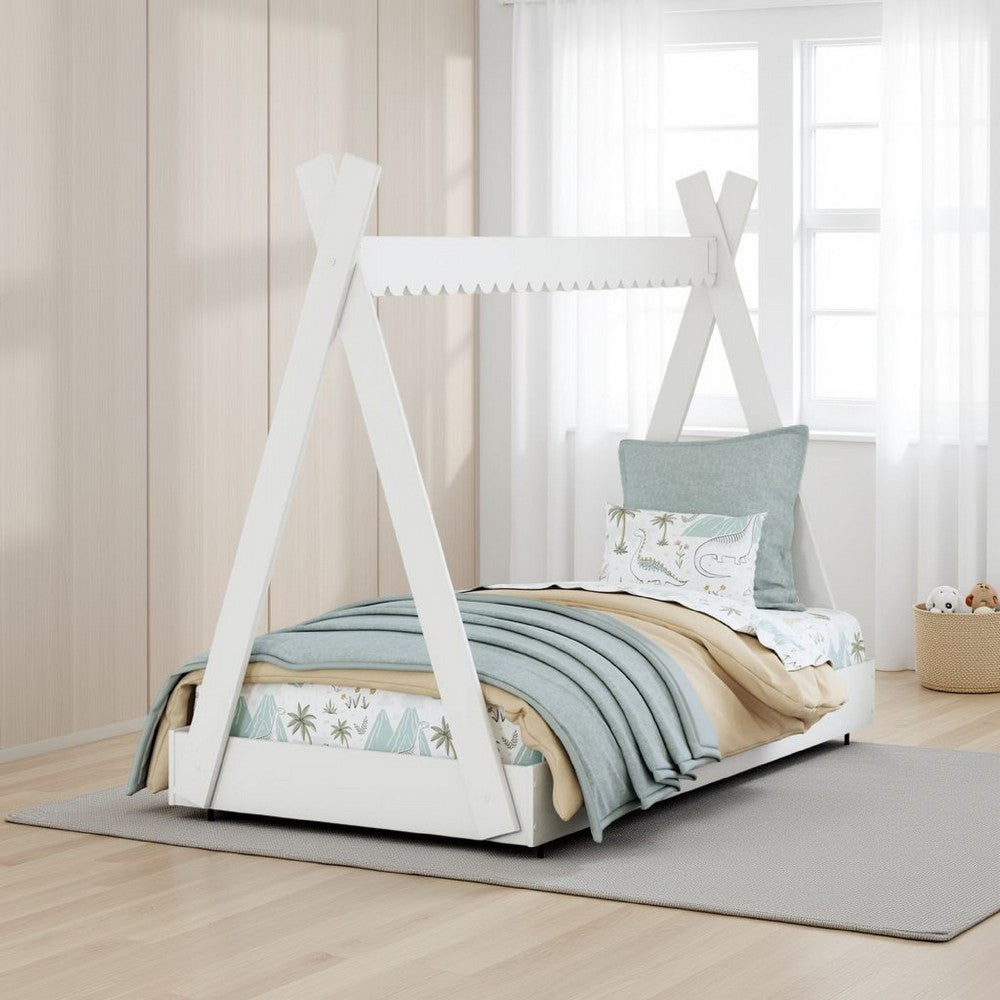 Ashley Kally Twin Size Floor Bed | Tent Style Design | Matte White Wood BM327914