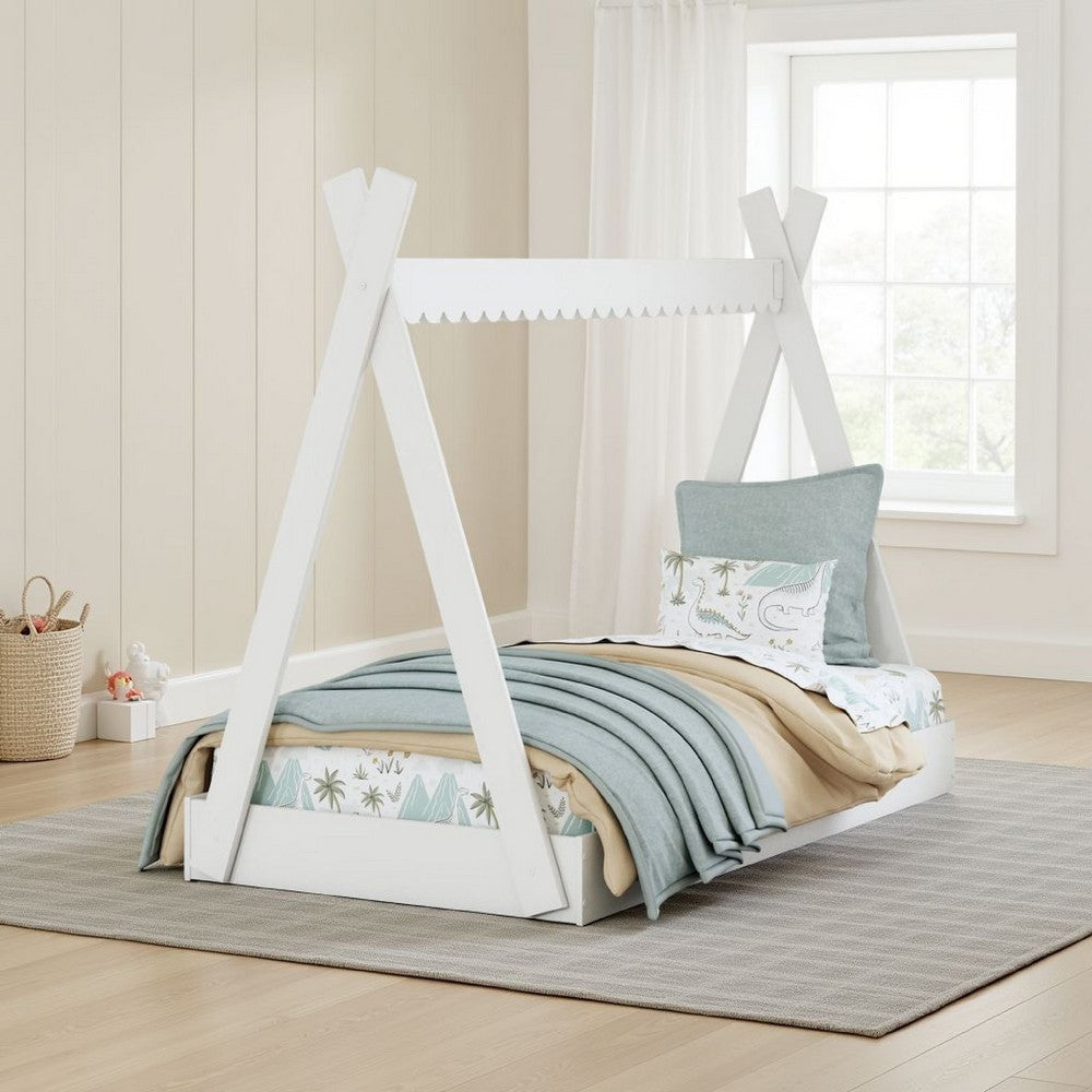 Ashley Kally Twin Size Floor Bed | Tent Style Design | Matte White Wood