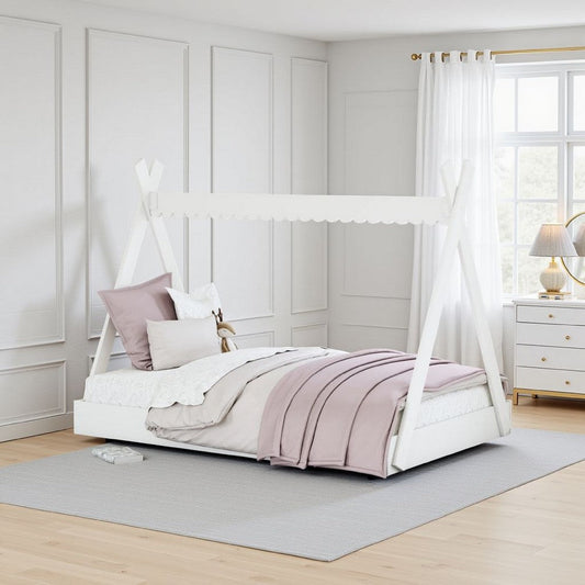 Ashley Kally Full Size Floor Bed | Tent Style Design | Matte White Wood