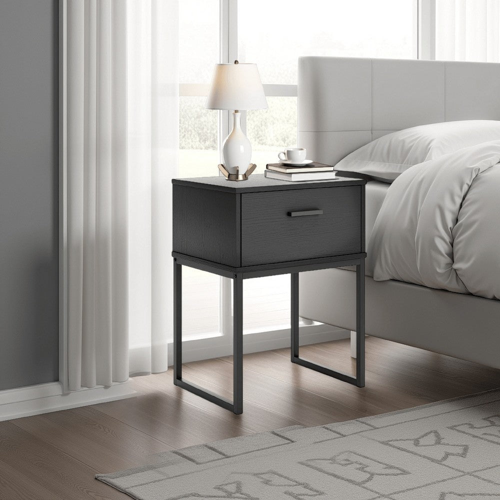 Ashley Alli Nightstand | 1 Drawer | Matte Black Wood | Metal Base | 26"