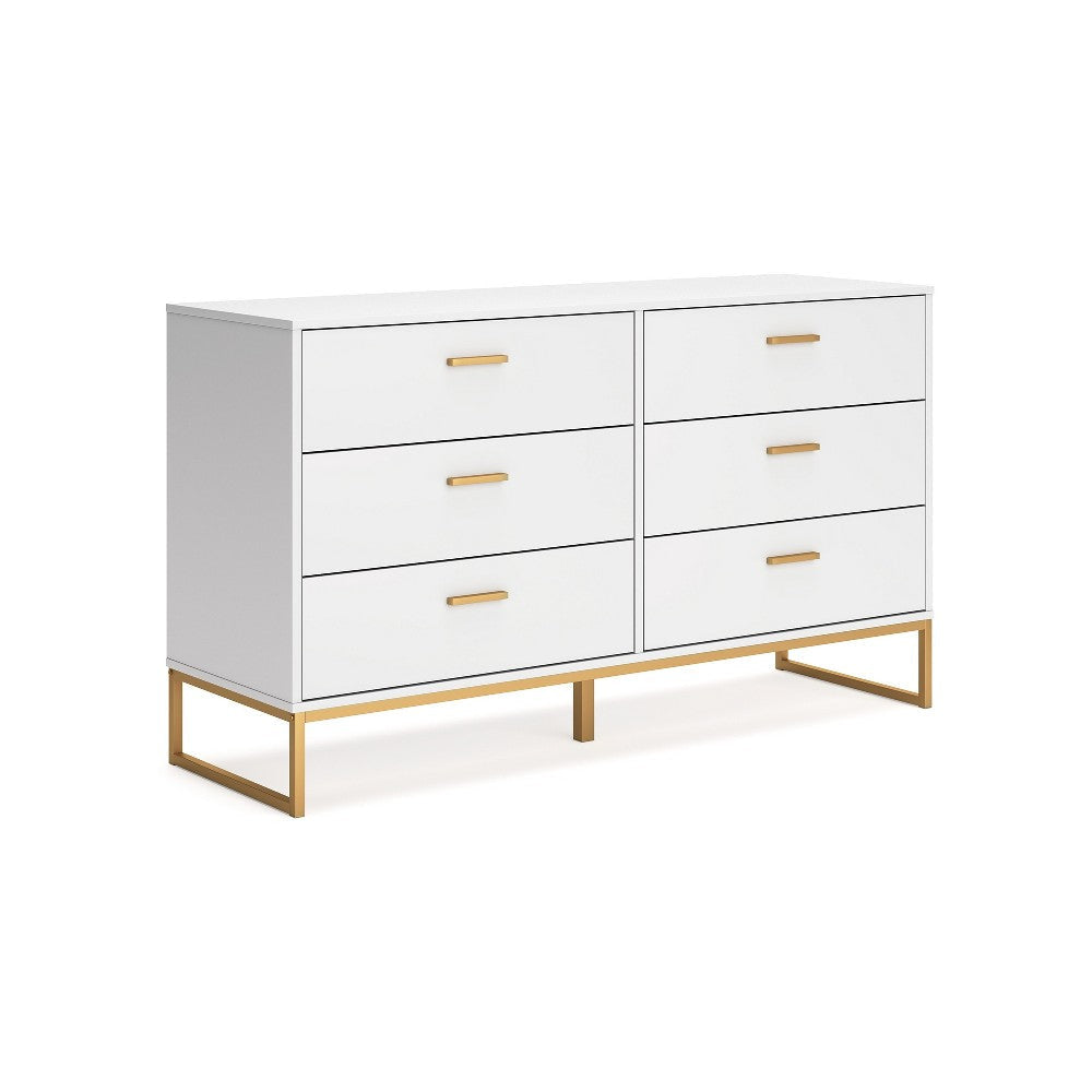Ashley Alli Wide Dresser | 6 Drawers | Matte White Wood | Gold Metal | 59’’ BM327935