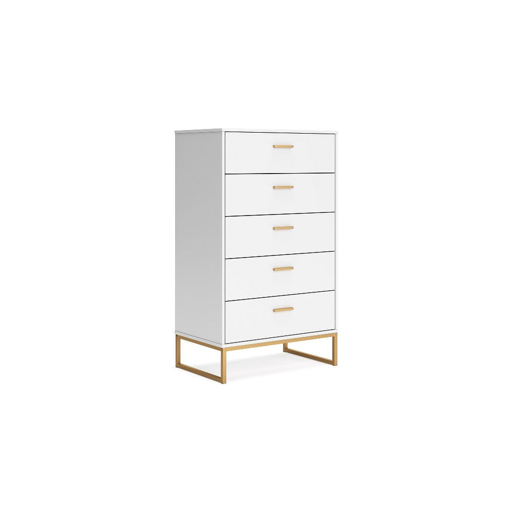 Ashley Alli Tall Dresser Chest | 5 Drawers | Matte White | Gold Metal | 51"