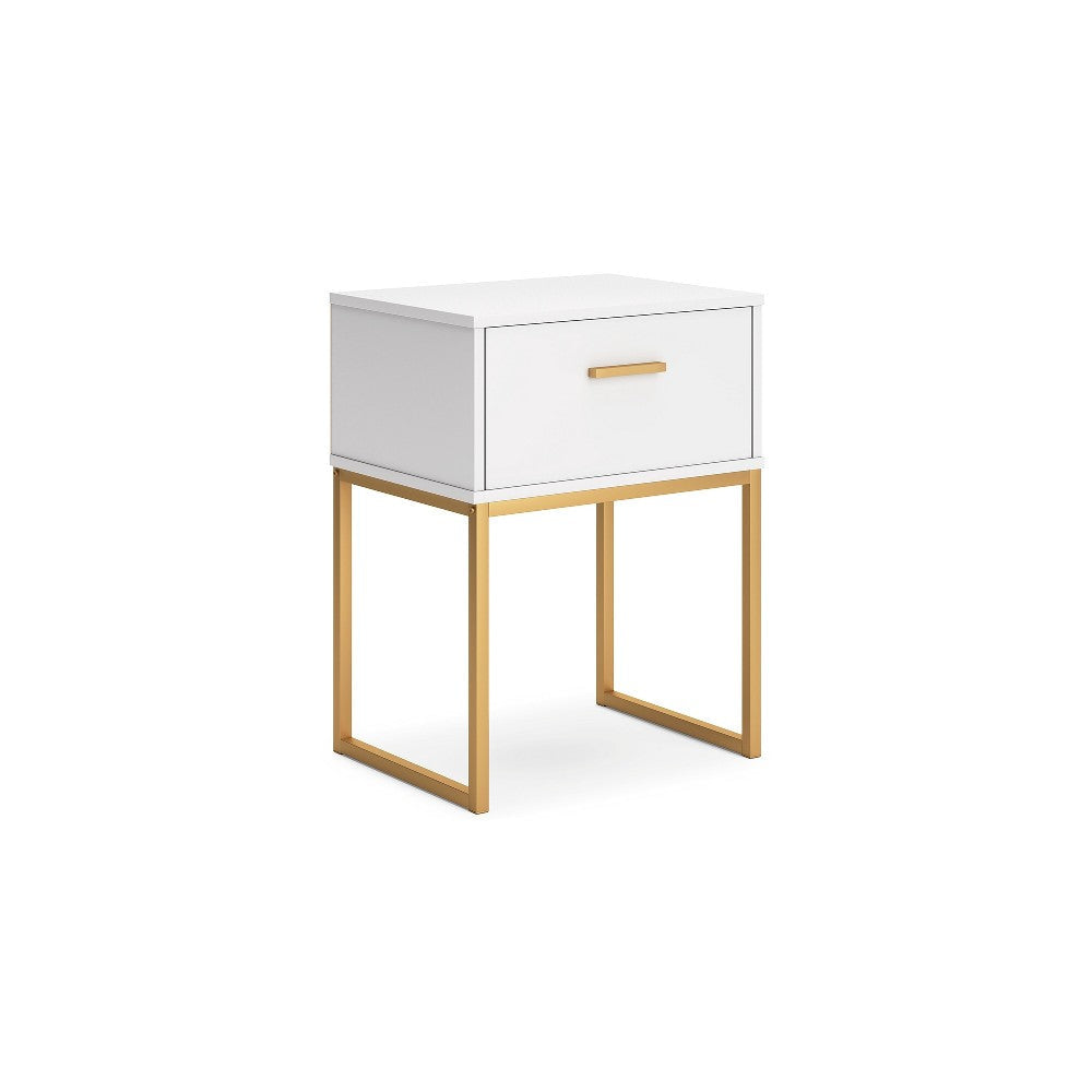 Ashley Alli Nightstand | 1 Drawer | Matte White Wood | Gold Metal Legs | 26’’ BM327937