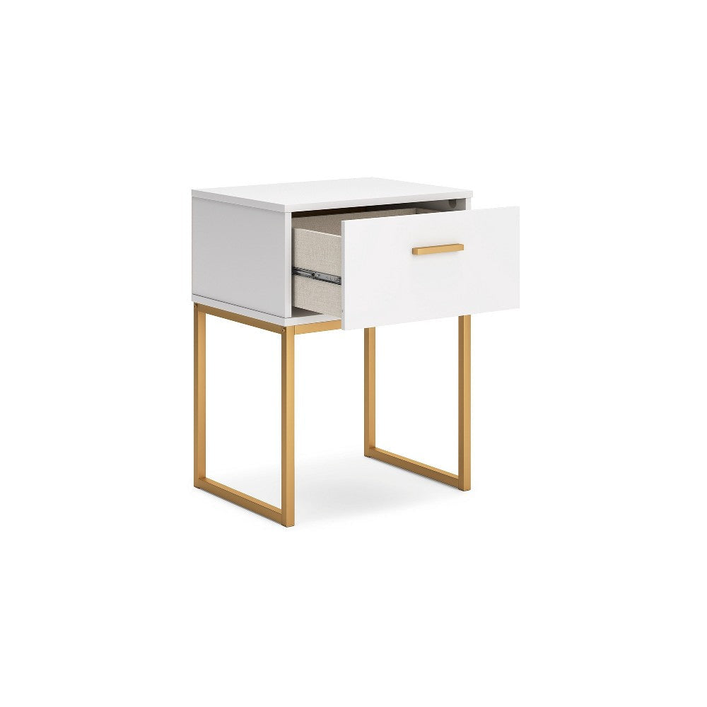 Ashley Alli Nightstand | 1 Drawer | Matte White Wood | Gold Metal Legs | 26’’ BM327937