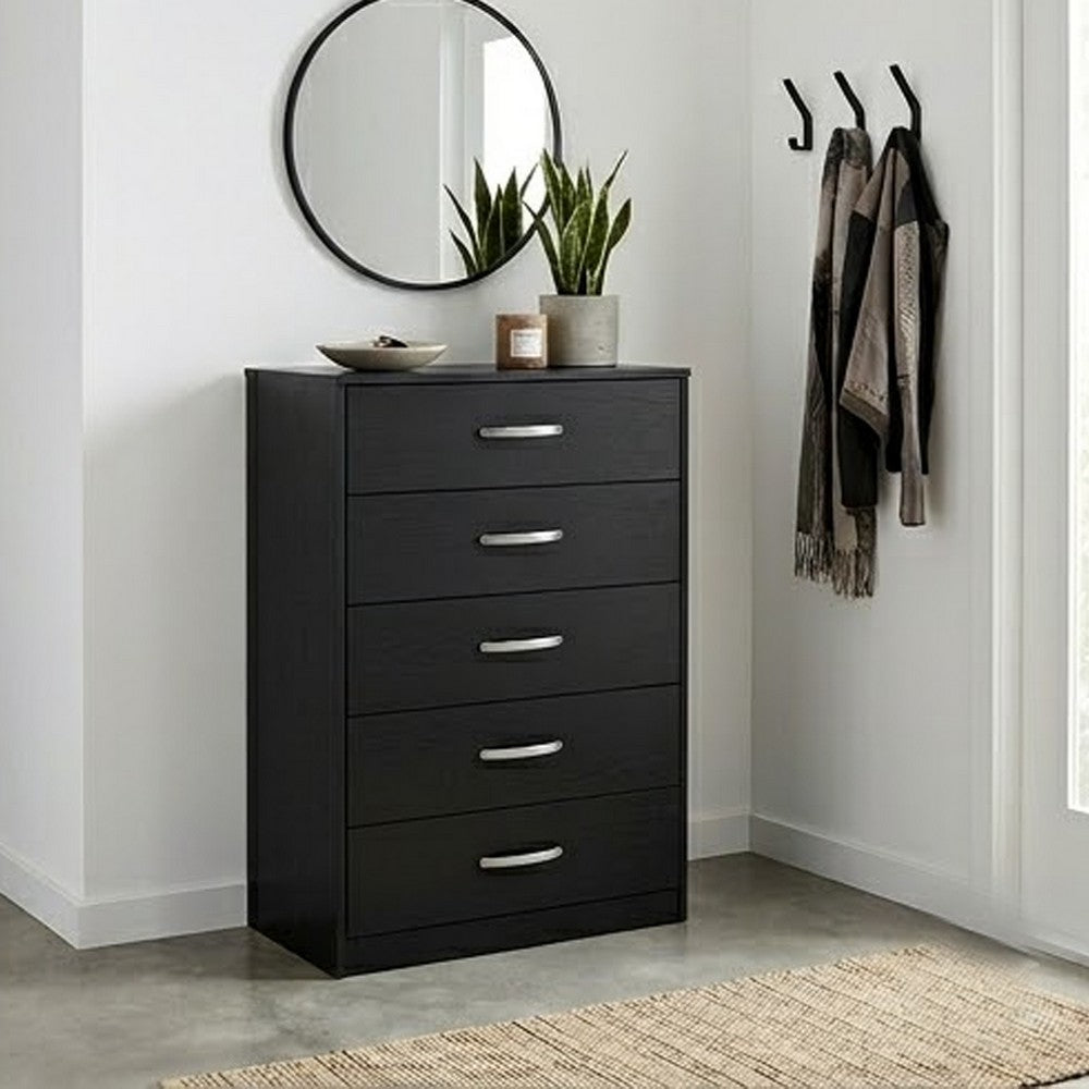 Ashley Finny Tall Dresser Chest | 5 Drawer | Matte Black | Silver Metal | 46"