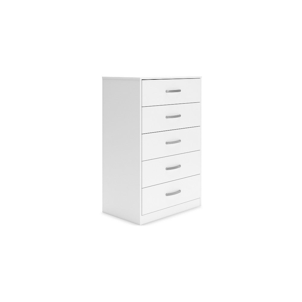 Ashley Eriss Tall Dresser Chest | 5 Drawers | White Wood | Silver Metal | 46"