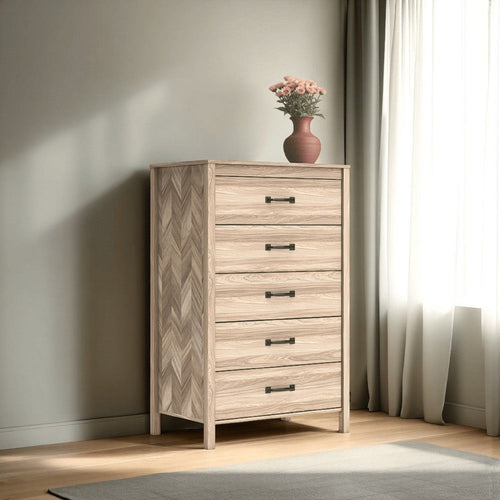 Ashley Bette Tall Dresser Chest | 5 Drawers | Light Oak Brown Finish | 60"