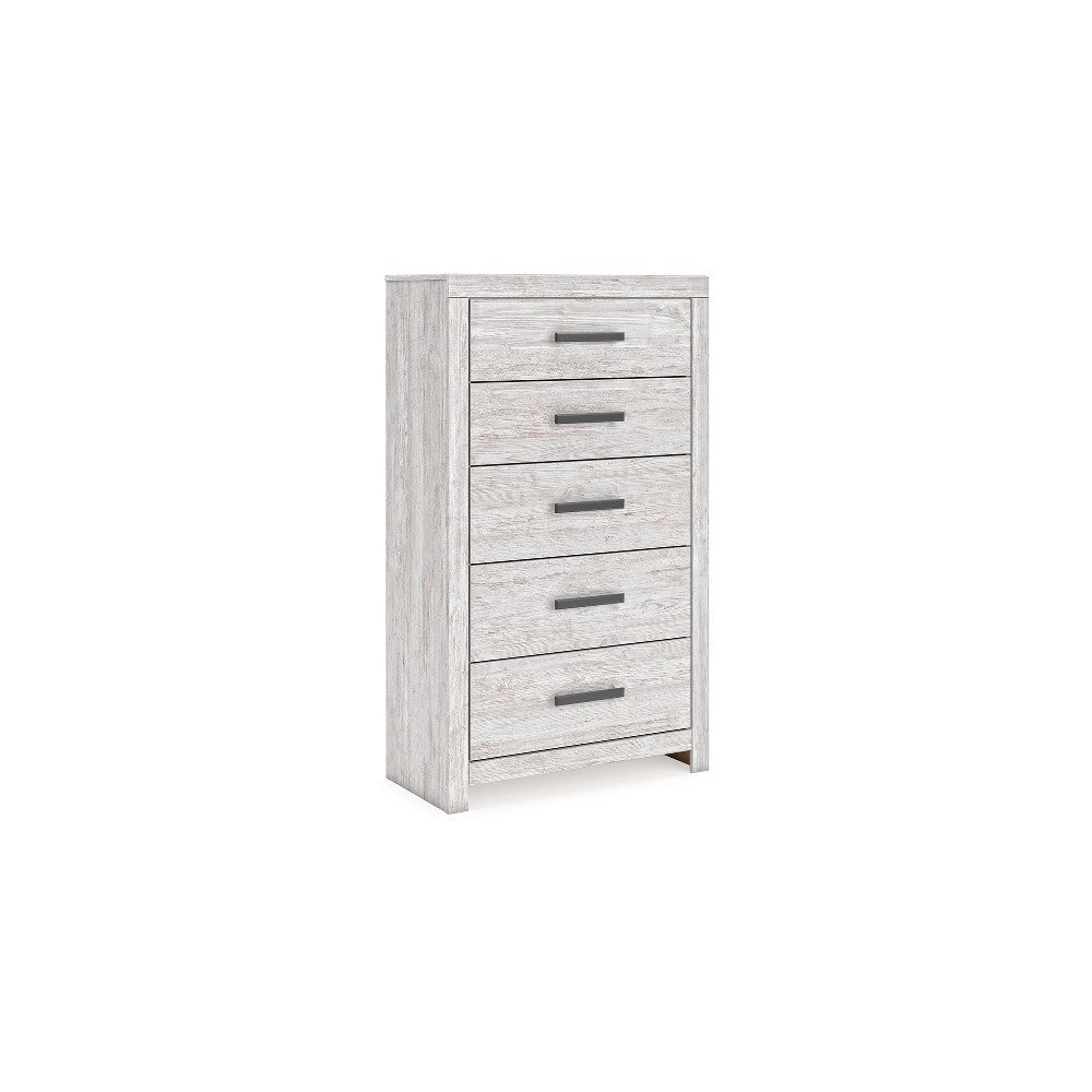 Ashley Cany Tall Dresser Chest | 5 Drawers Black Handles | Vintage Whitewash