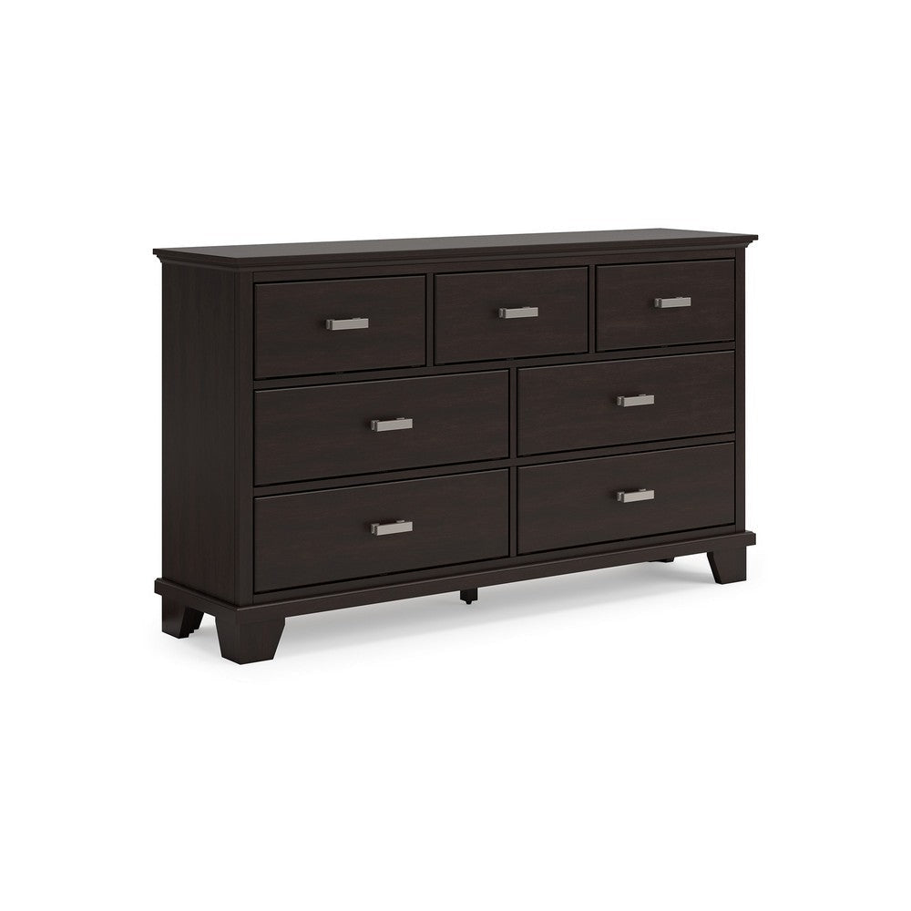 Ashley Teno Wide Dresser | 7 Drawer Nickel Handles | Dark Brown Solid Wood BM327963
