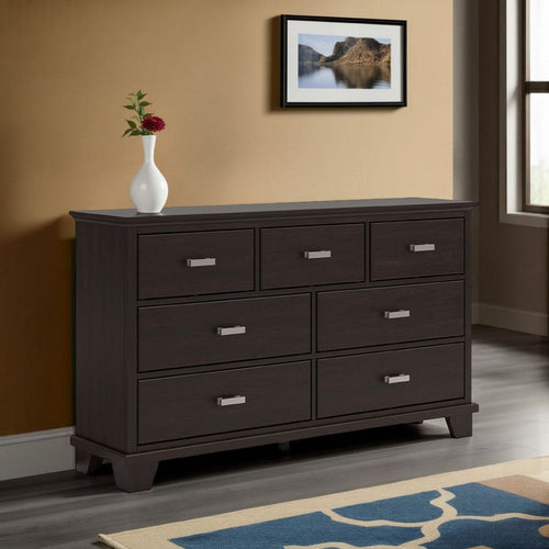 Ashley Teno Wide Dresser | 7 Drawer Nickel Handles | Dark Brown Solid Wood